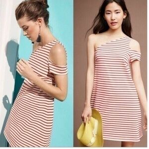 ANTHROPOLOGIE Maeve Marketa One Shoulder Mini Dress Red White Stripe-Medium
